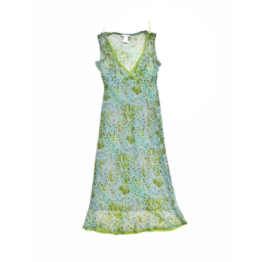 Vintage Y2K Green Paisley Mesh Overlay Slip Midi Dress Fairycore Boho Resort EUC - Picture 3 of 16